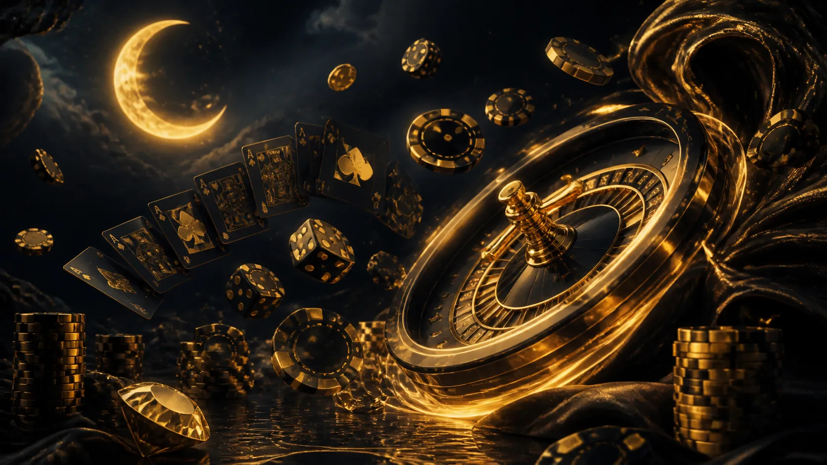 A vibrant Nightluck hero banner featuring glowing poker chips and playing cards, set against a dark, neon-inspired casino bac